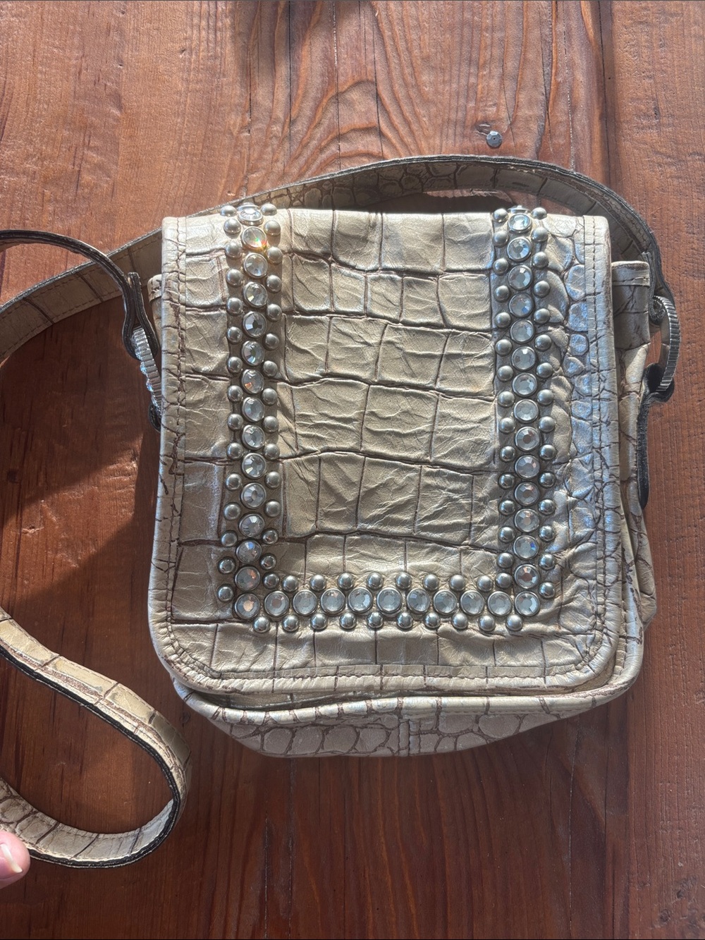 Raviani Cream Croc-Embossed Studded Crossbody Bag